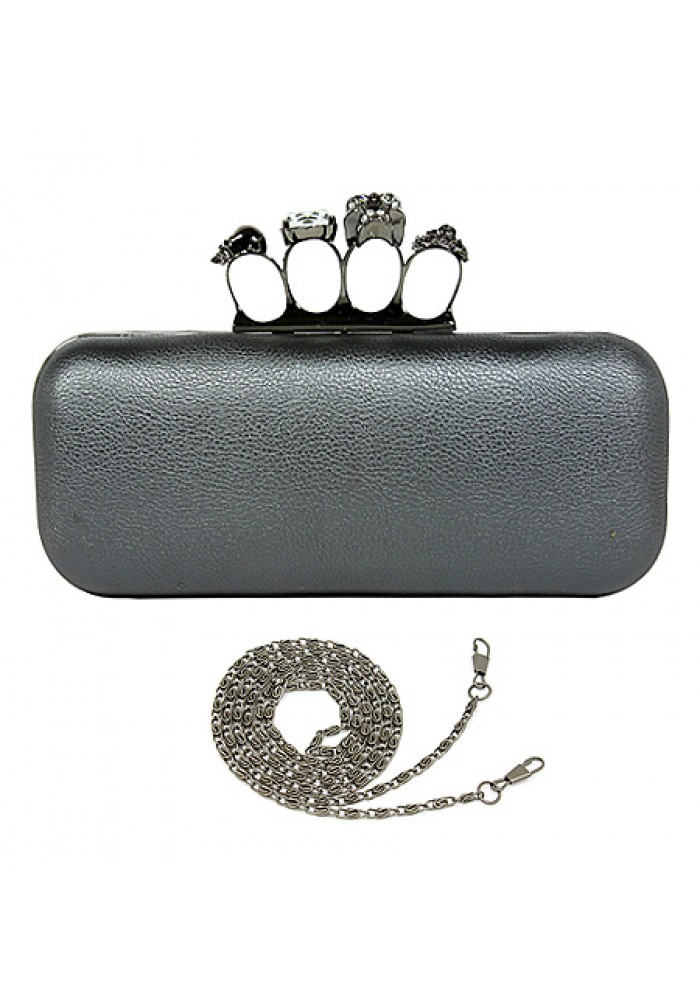 Evening Bag - Small Jeweled Stones Knuckle Clutch Bags - Pewter - BG-HD1341PT